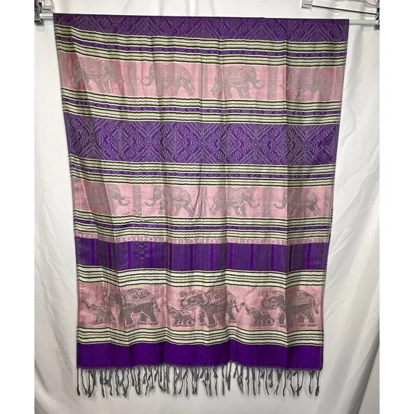 Pashmina Shawl Wrap Scarf Womens Purple Pink Gray w/ Elephant Print fringed ends - Picture 8 of 11
